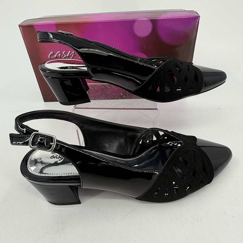 Easy Street Bizzy Black Patent Slingback Pumps Block Heel 8.5 W 31-0932